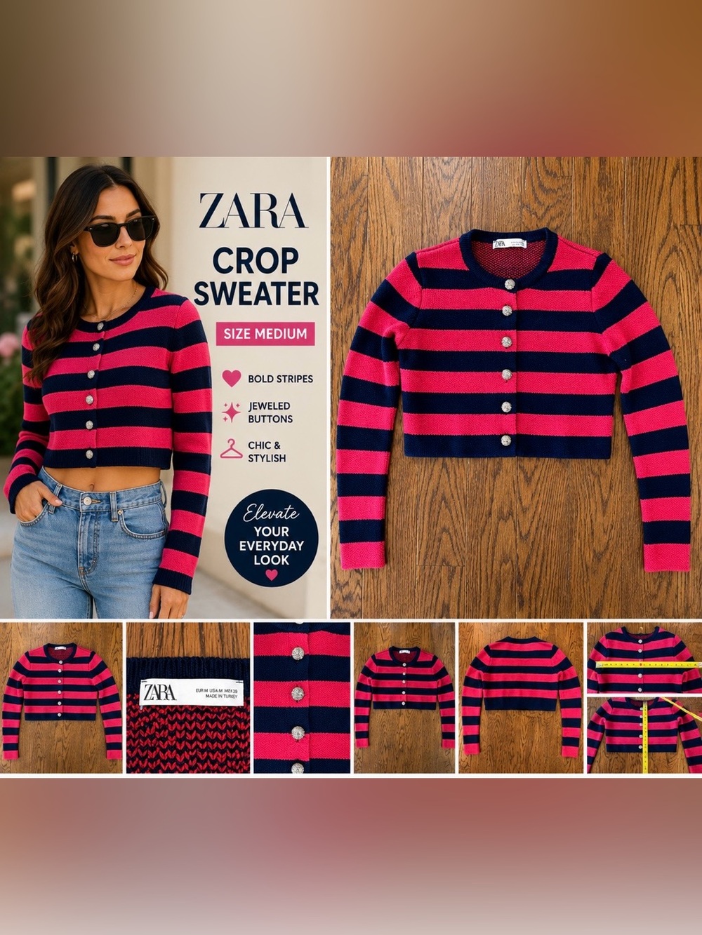 Zara Navy & Red Striped Cropped Cardigan Sweater Size Medium